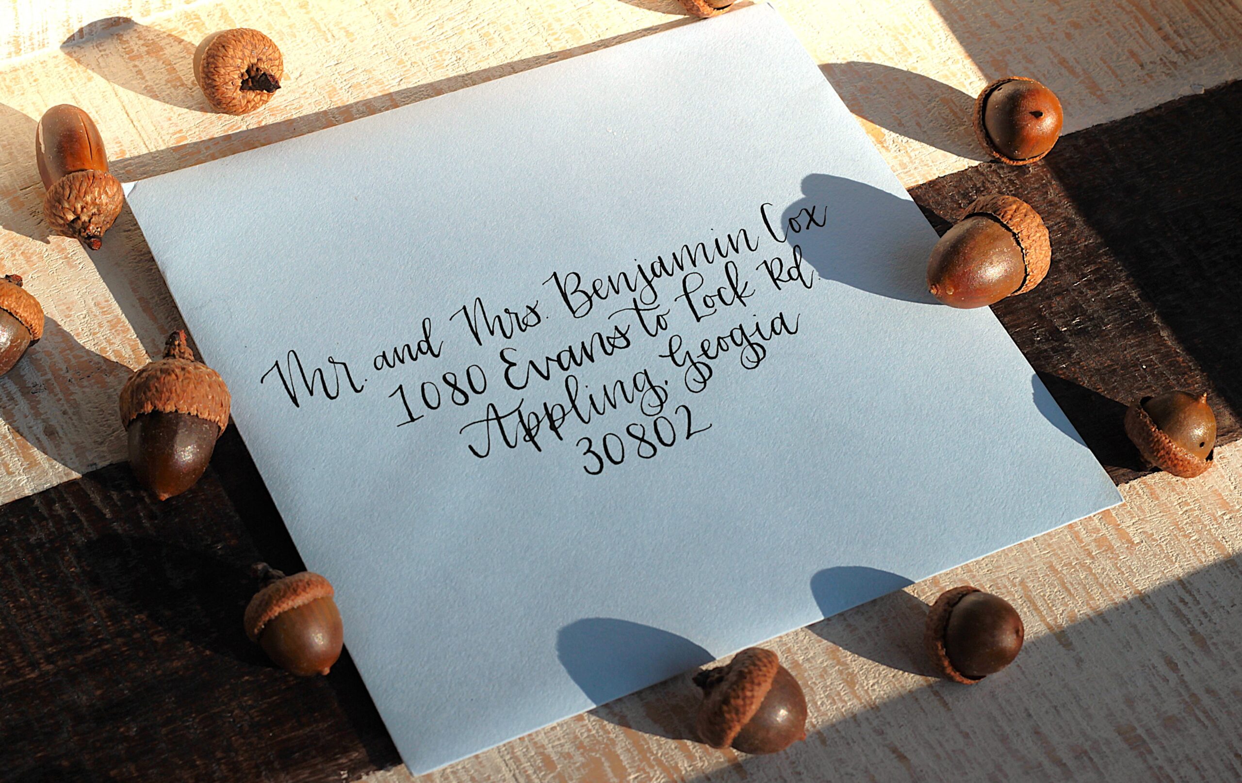 Blue-Envelope-Calligraphy-Address-Wedding-Brown-Acorns-scaled.jpeg