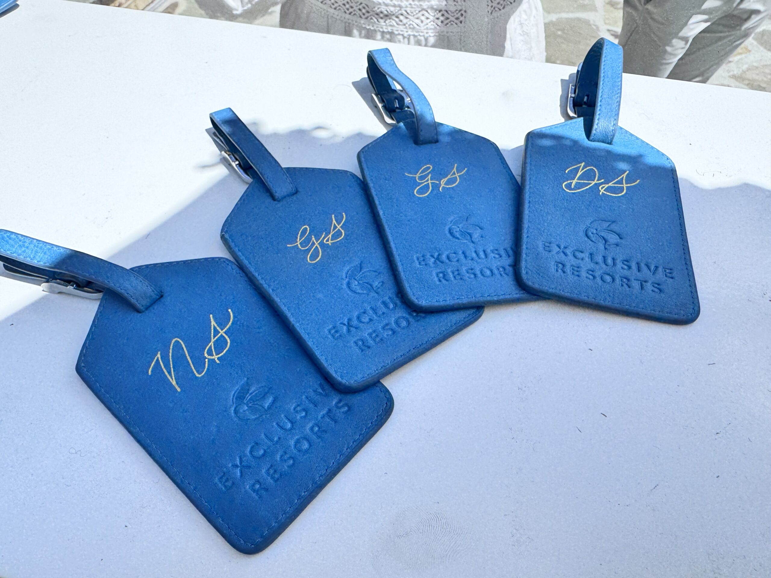 Blue-Luggage-Tags-Calligraphy-Gold-Hot-Foil-Initials-Exclusive-Resorts-Live-Event-KPCalligraphy-Masters-Week-Augusta-Georgia-2025-scaled.jpg